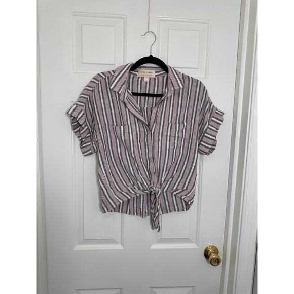 cloth & stone Tops - Cloth & Stone Striped Tie Front Linen Blend Button Down Shirt Navy Red White S